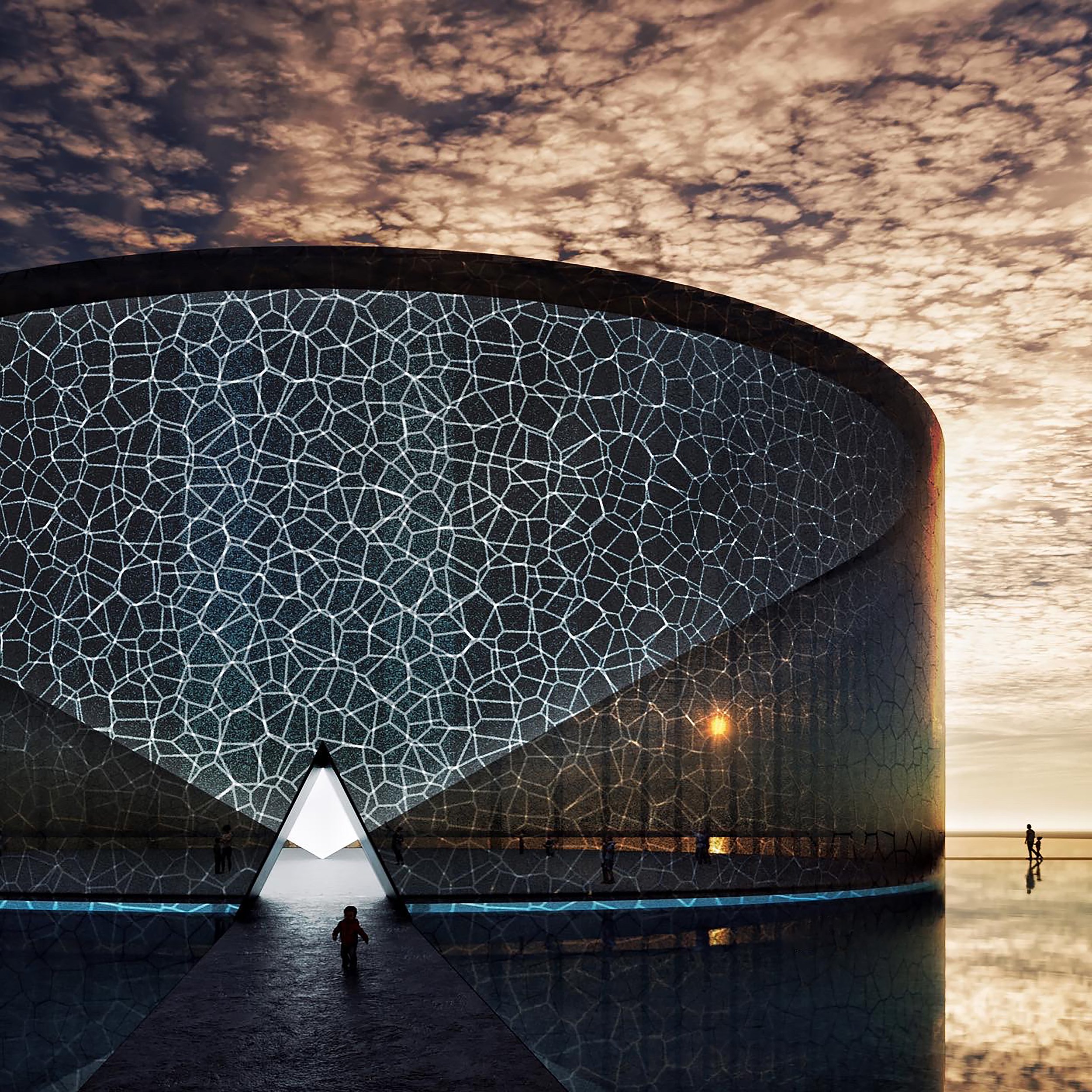 Night view of the Museum of the Future in Dubai with a unique geometric exterior design, under a sky with scattered clouds at sunset.
