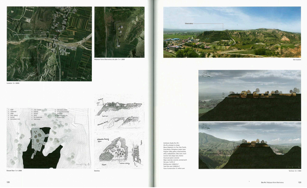 A page with maps and sketches of the Mayayao Ruins observatory site, and photographs of the site showing landscape views and structural models of the observatory.