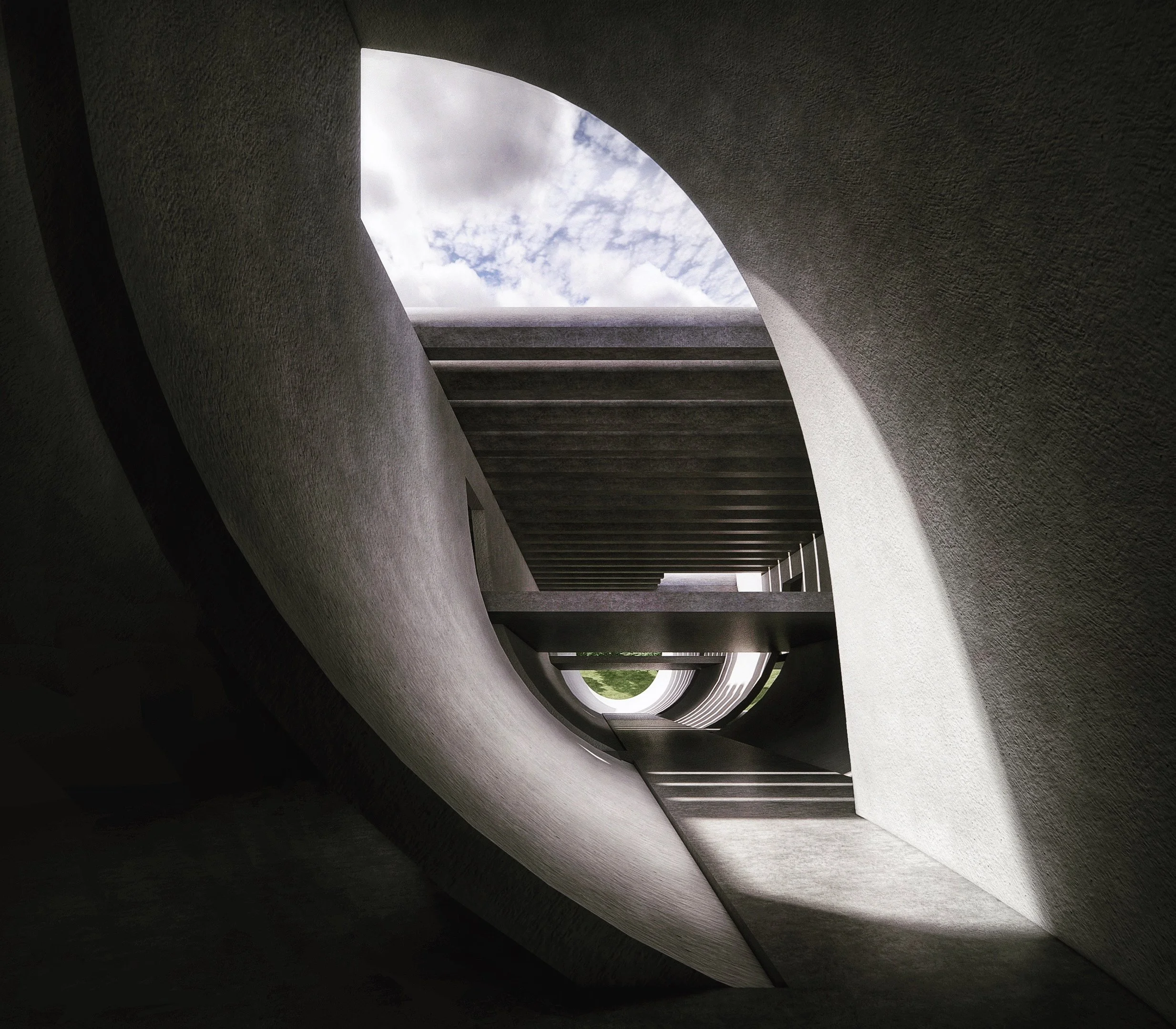 View looking up through a modern architectural structure with curved concrete walls and horizontal beams, revealing a partly cloudy sky through an opening at the top.
