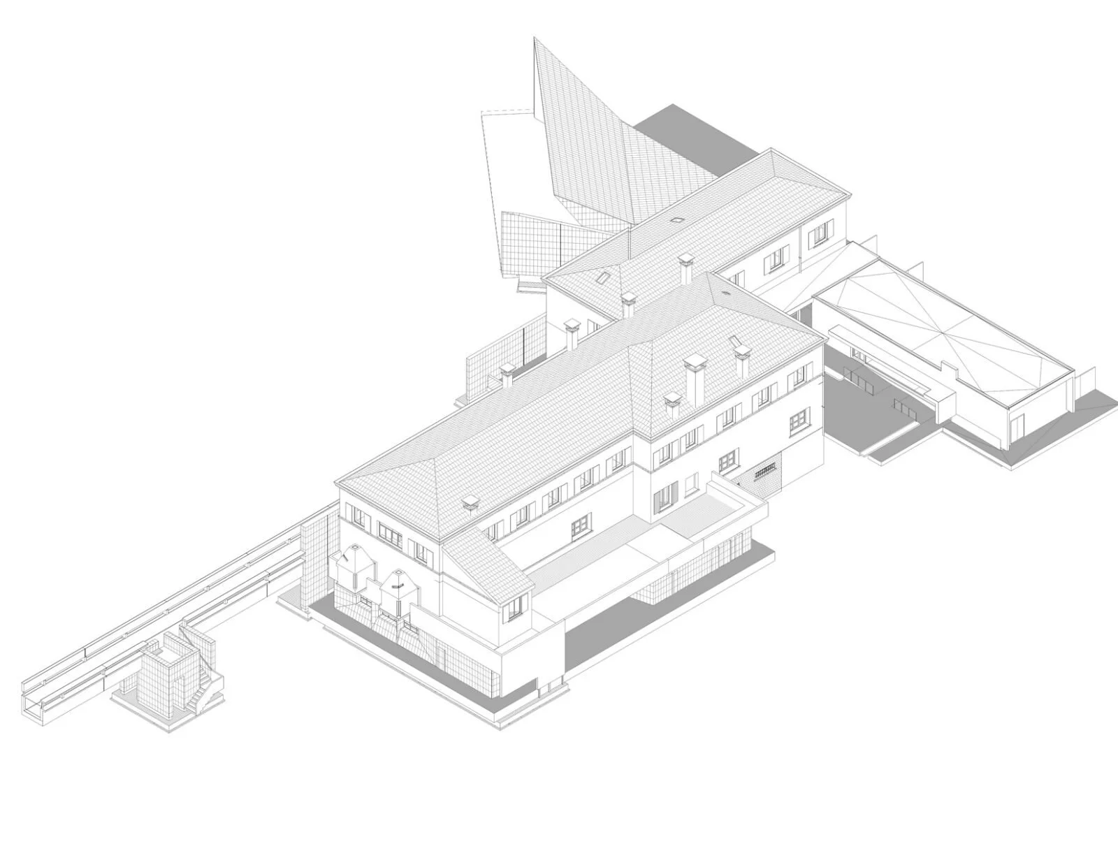 Isometric architectural drawing of a multi-story building complex with detailed rooflines, windows, a courtyard, and surrounding fencing.