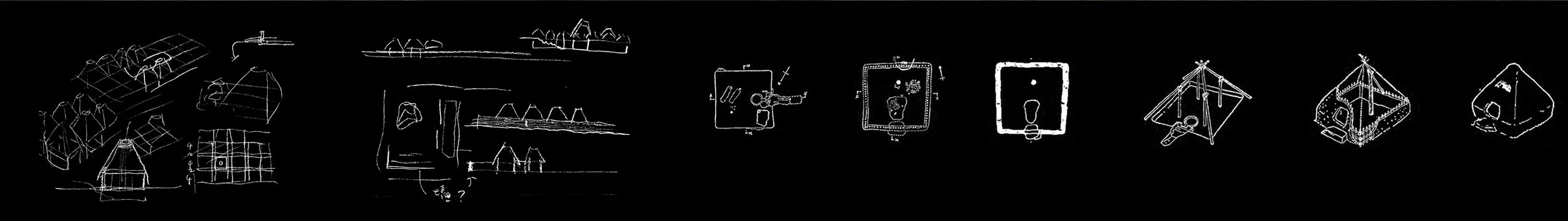 White line drawings of architectural models, layout plans, and construction details on a black background.