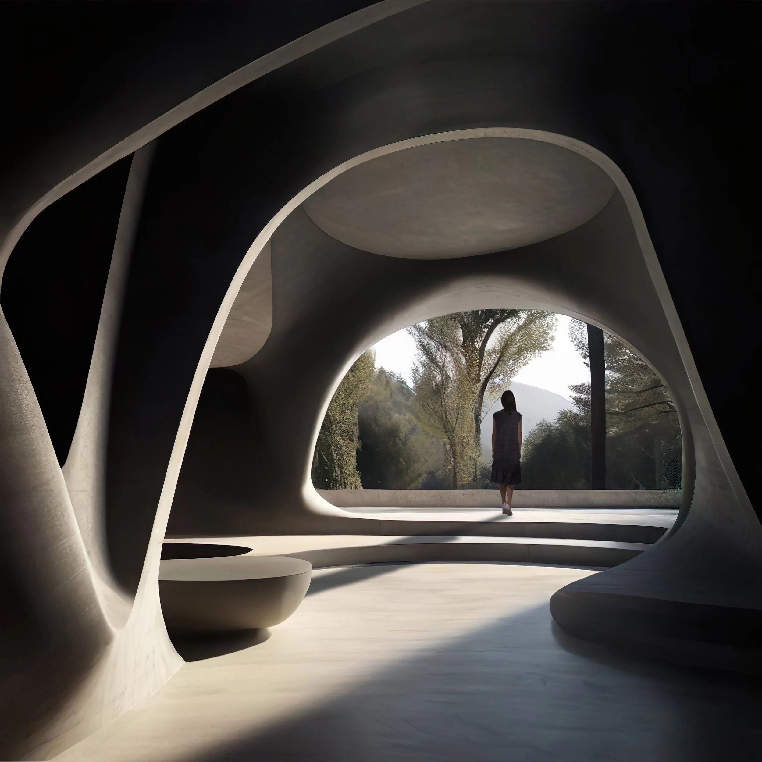 Modern architectural structure with smooth, curving concrete walls and large open oval windows, with a person walking outside and trees in the background.