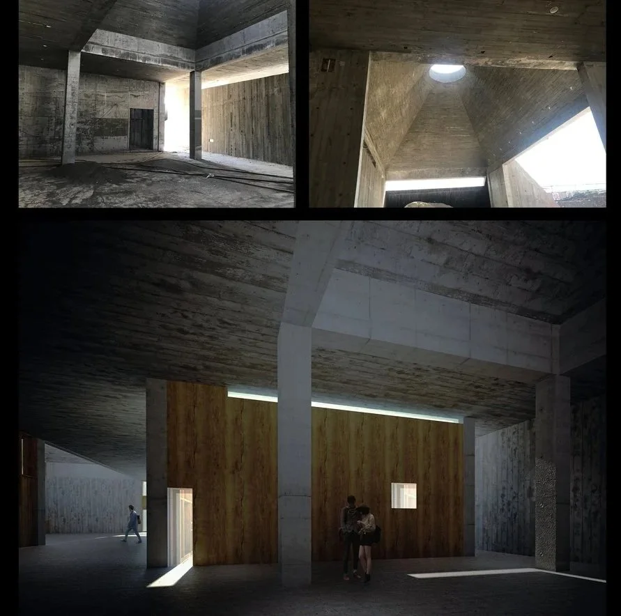 Interior of a modern concrete building with large open spaces, high ceilings, and natural light coming through circular skylights and windows, with people walking inside.