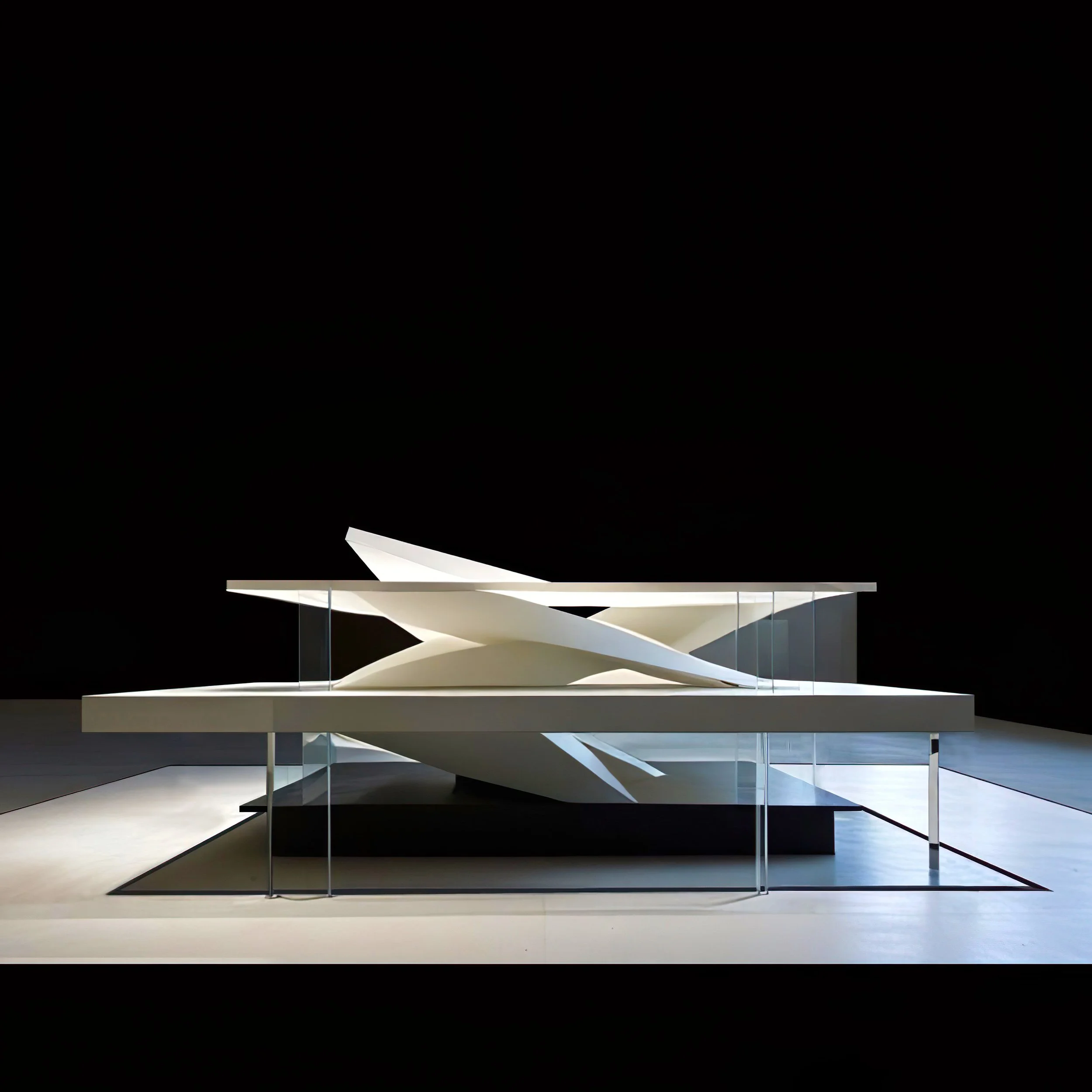 Modern abstract sculpture displayed in a gallery with black background, white base, and layered curved elements.