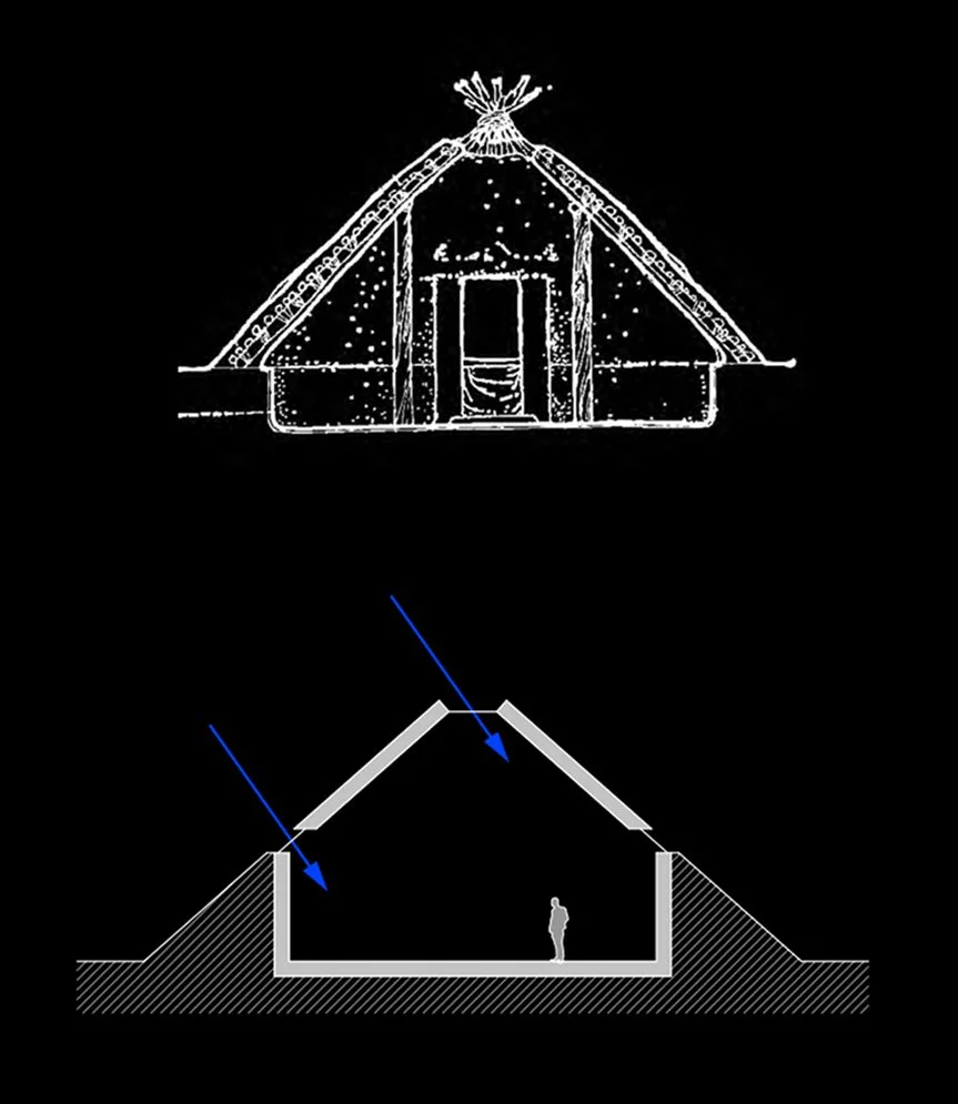 A schematic drawing of a tipi with an interior view of a person standing inside, showing the structure and sloped sides.