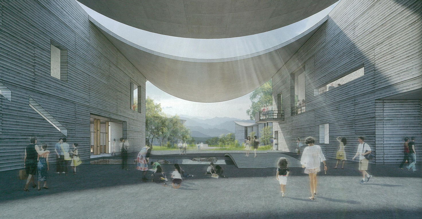 Architectural rendering of a modern building with curved roof and a central open space, people walking and sitting outside, with trees and mountains in the background.