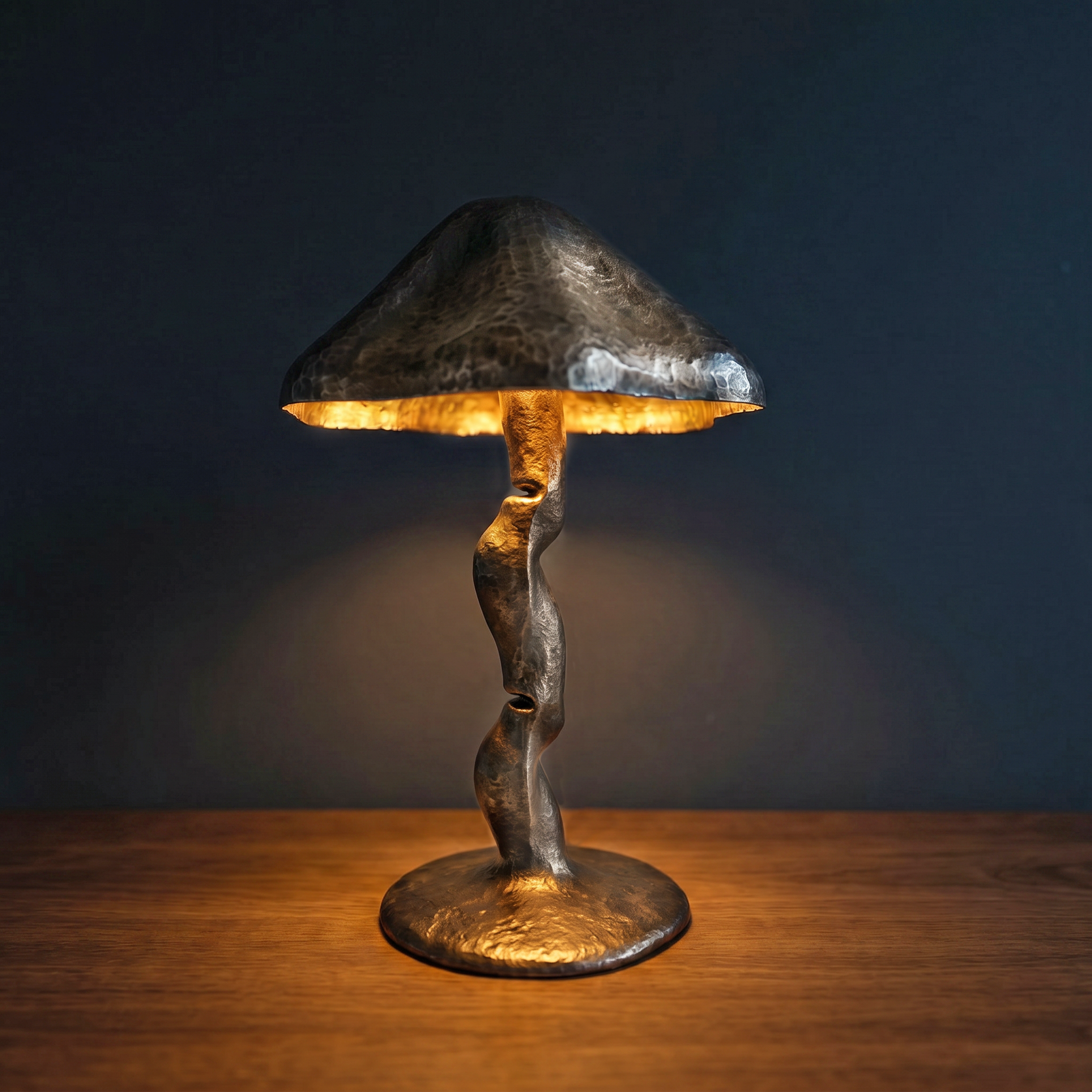 A close-up of a mushroom-shaped table lamp with a textured, dark-colored shade and a warm, glowing light underneath, placed on a wooden surface against a dark background.