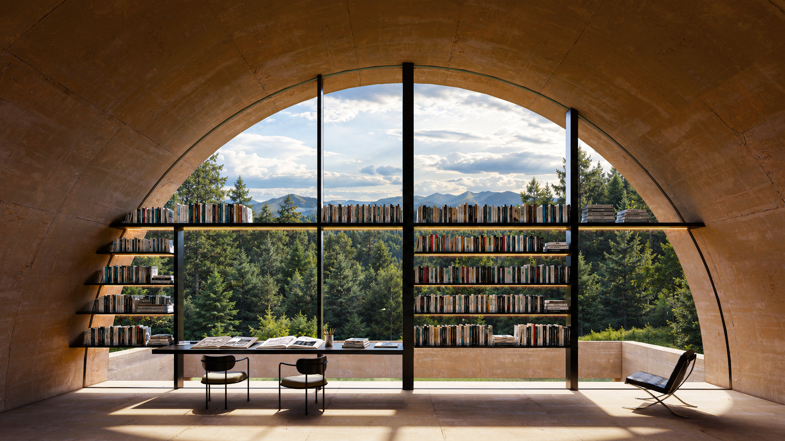 A modern library interior with a large arched window overlooking a forest and mountain landscape, bookshelves filling the space, and a study desk with chairs.