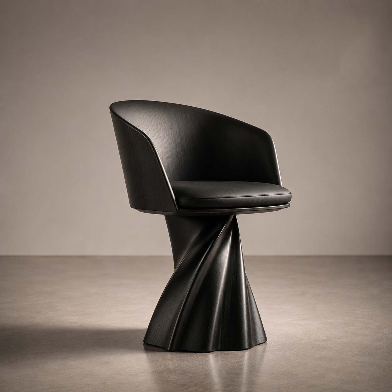 A modern black chair with a curved wooden backrest and cushioned seat, mounted on a sculptural, twisted black base, set against a plain, neutral background.