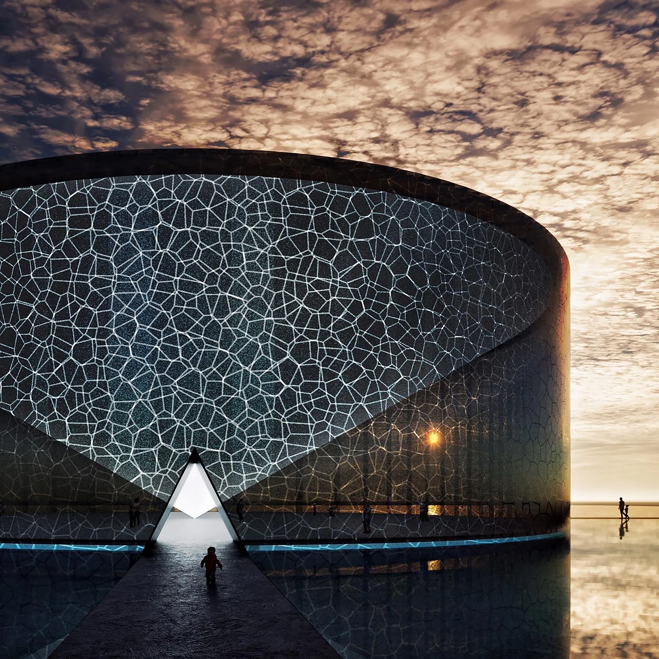 A modern architectural building with a honeycomb pattern exterior under a dramatic sky at sunset, with people walking near the water in the foreground.