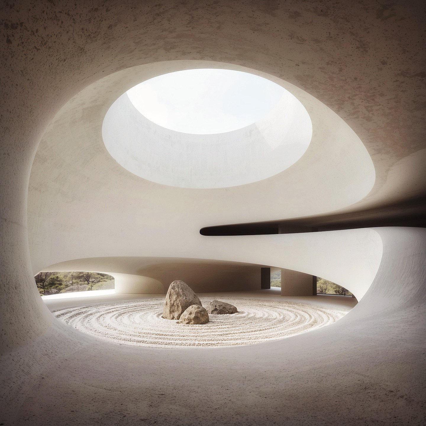 Interior view of a modern, minimalist building with smooth, curved white walls and ceiling, a large circular skylight, rocks in a sand garden, and a black railing.