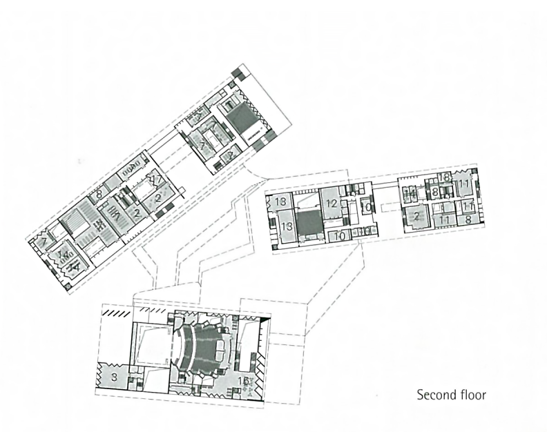 Architectural floor plan of the second floor of a building with various rooms and numbered sections.