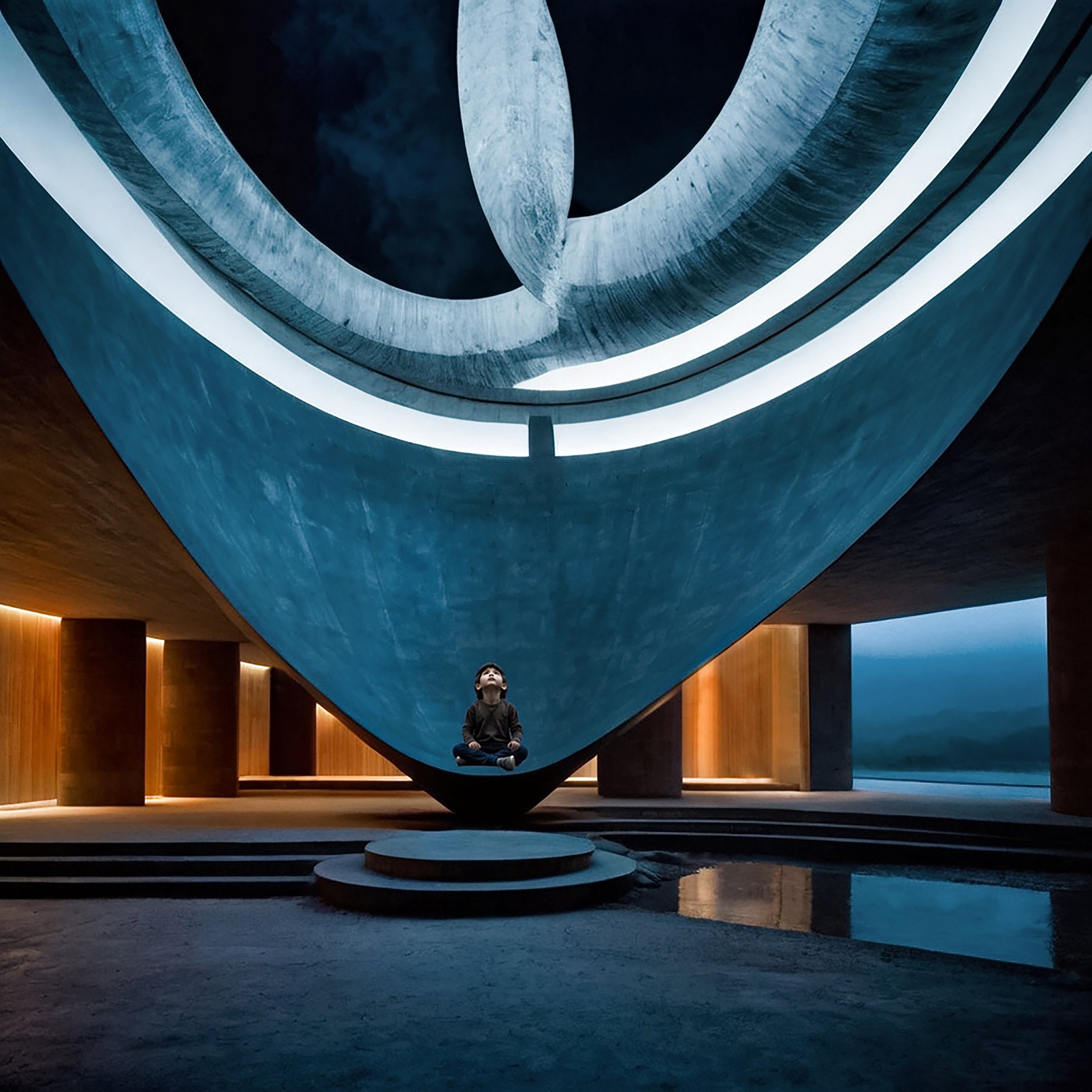 A person meditating in a modern indoor space with wooden walls, a curved concrete ceiling with white LED lights, and circular stone platforms on the floor.