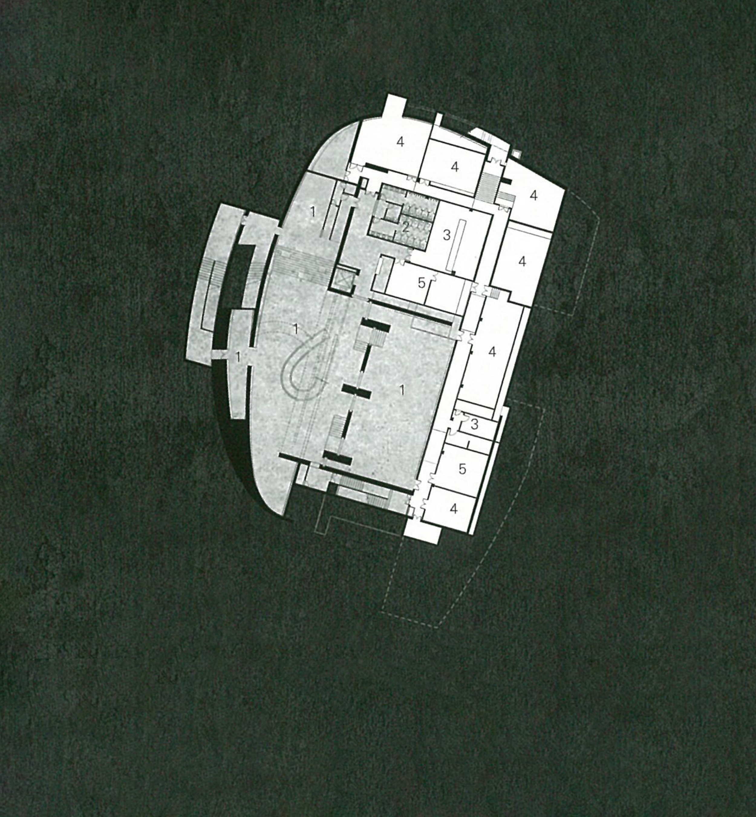 Architectural floor plan on a dark background, showing various rooms and areas labeled with numbers.