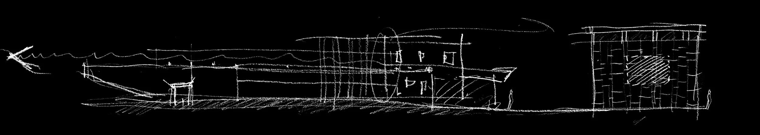 Sketch of an architectural building design on black background with some human figures.