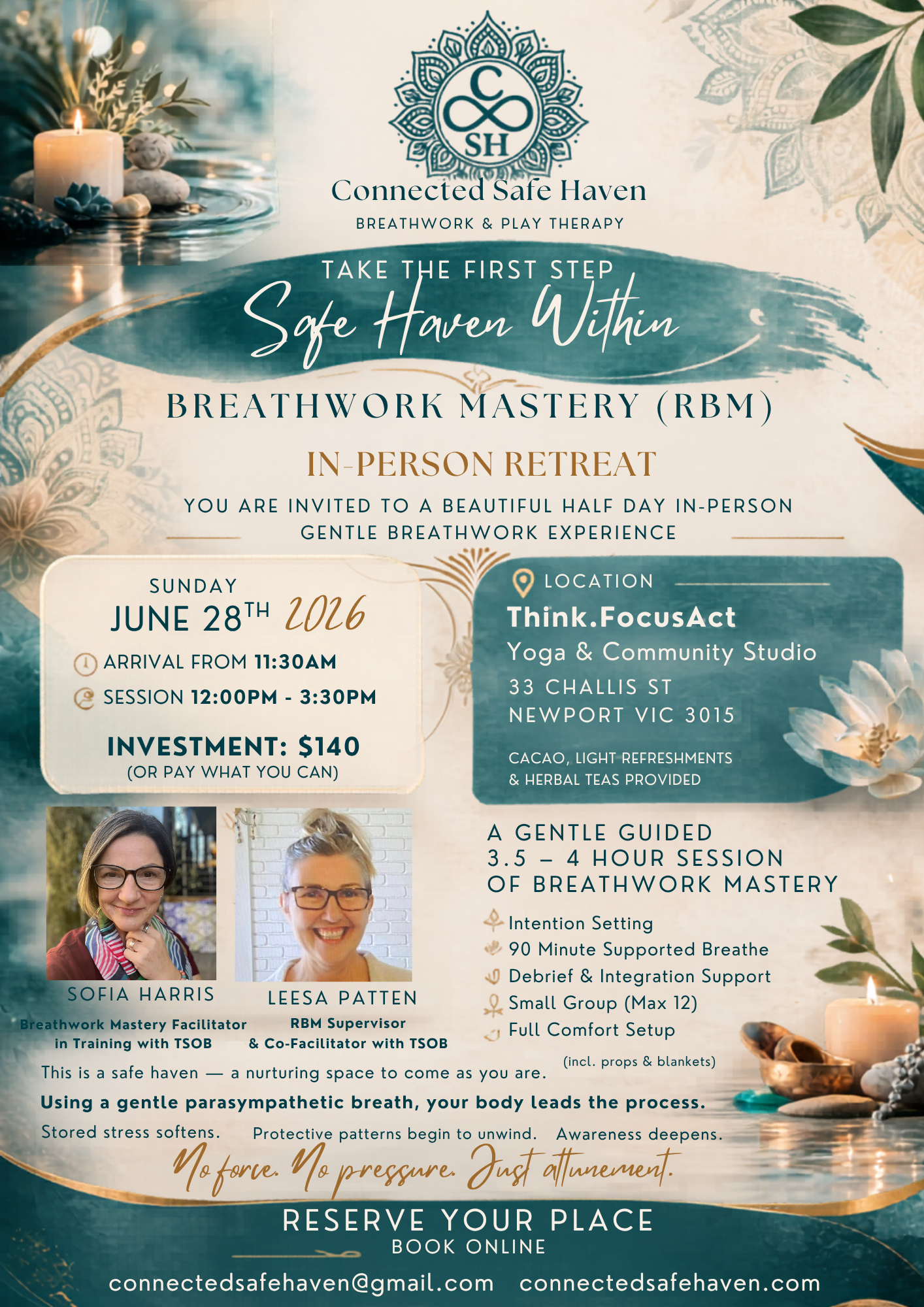 A promotional flyer for a breathwork retreat titled 'Safe Haven Within' hosted by Connected Safe Haven. It features a serene background with candles and water, calming colors, and details about the event date, location, speakers, and registration.