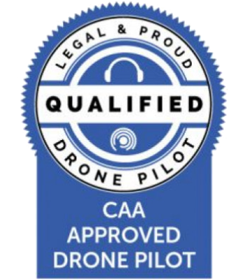 CAA Approved drone pilot certification badge for professional commercial drone operations in the UK