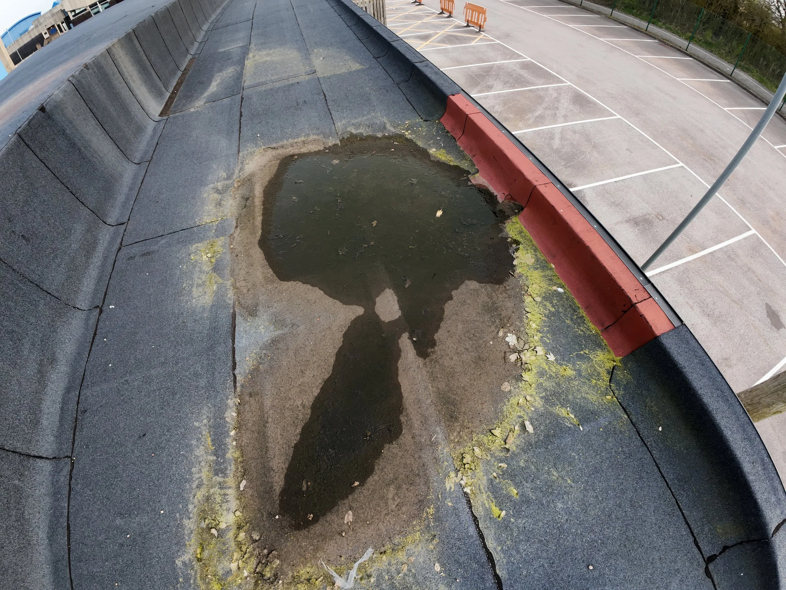 Roof survey image showing ponding water on a recently repaired school flat roof with drainage defects.