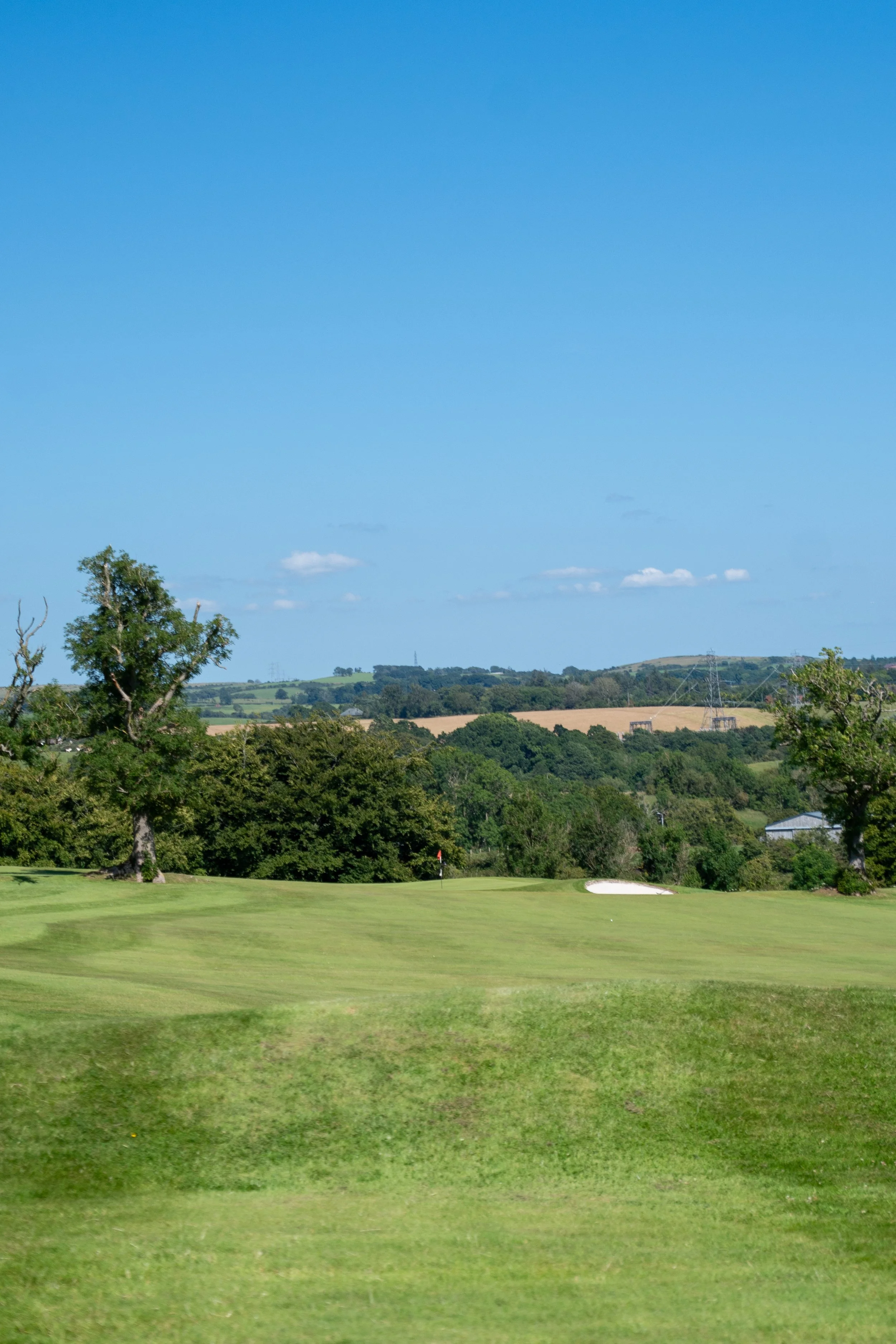 A golf course with a green, a flag, trees, rolling hills, and a clear blue sky with a few scattered clouds.