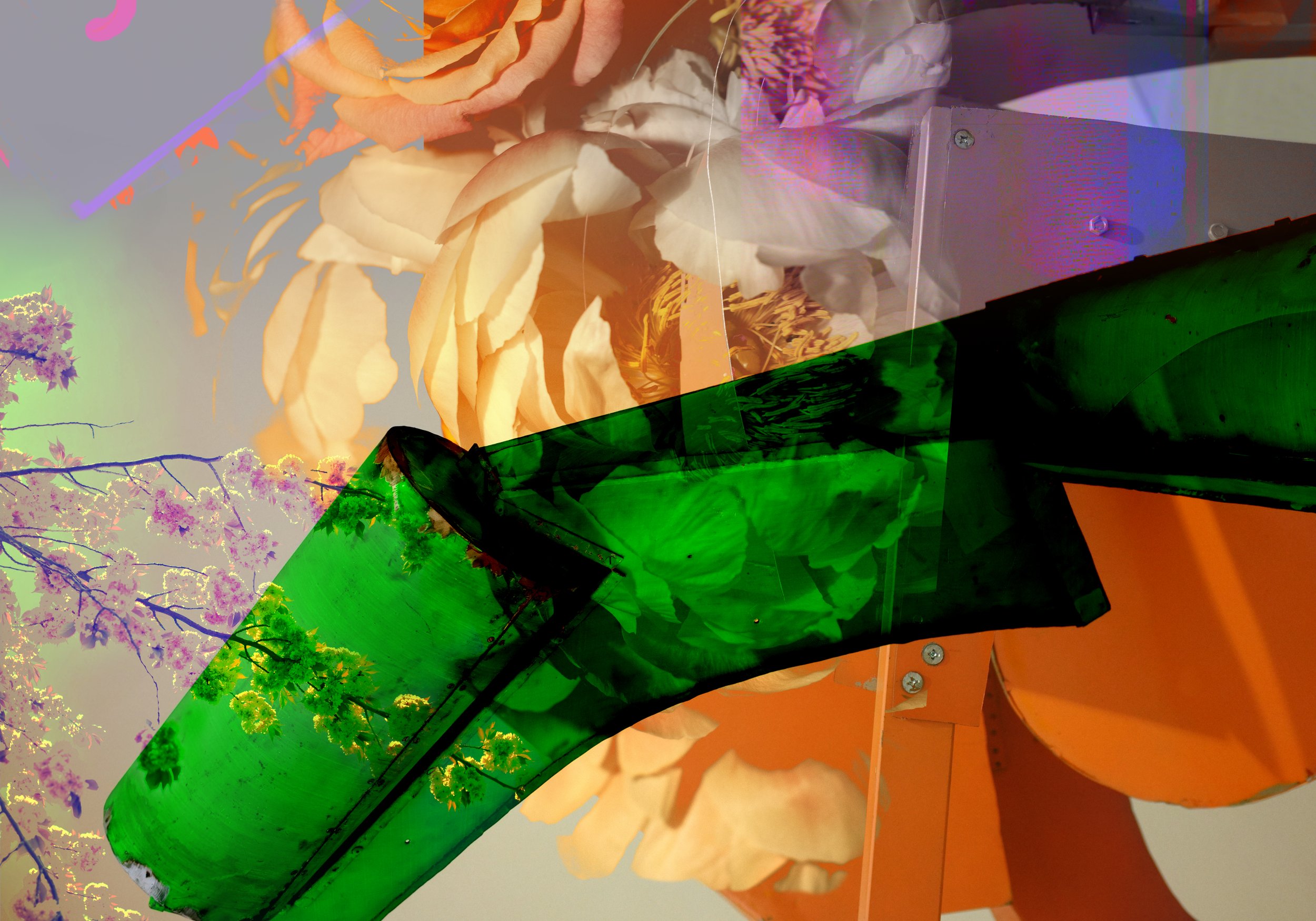 An abstract digital artwork featuring vibrant colors and shapes, with a large green curved element in the foreground, overlaid by semi-transparent floral motifs and a gray background.