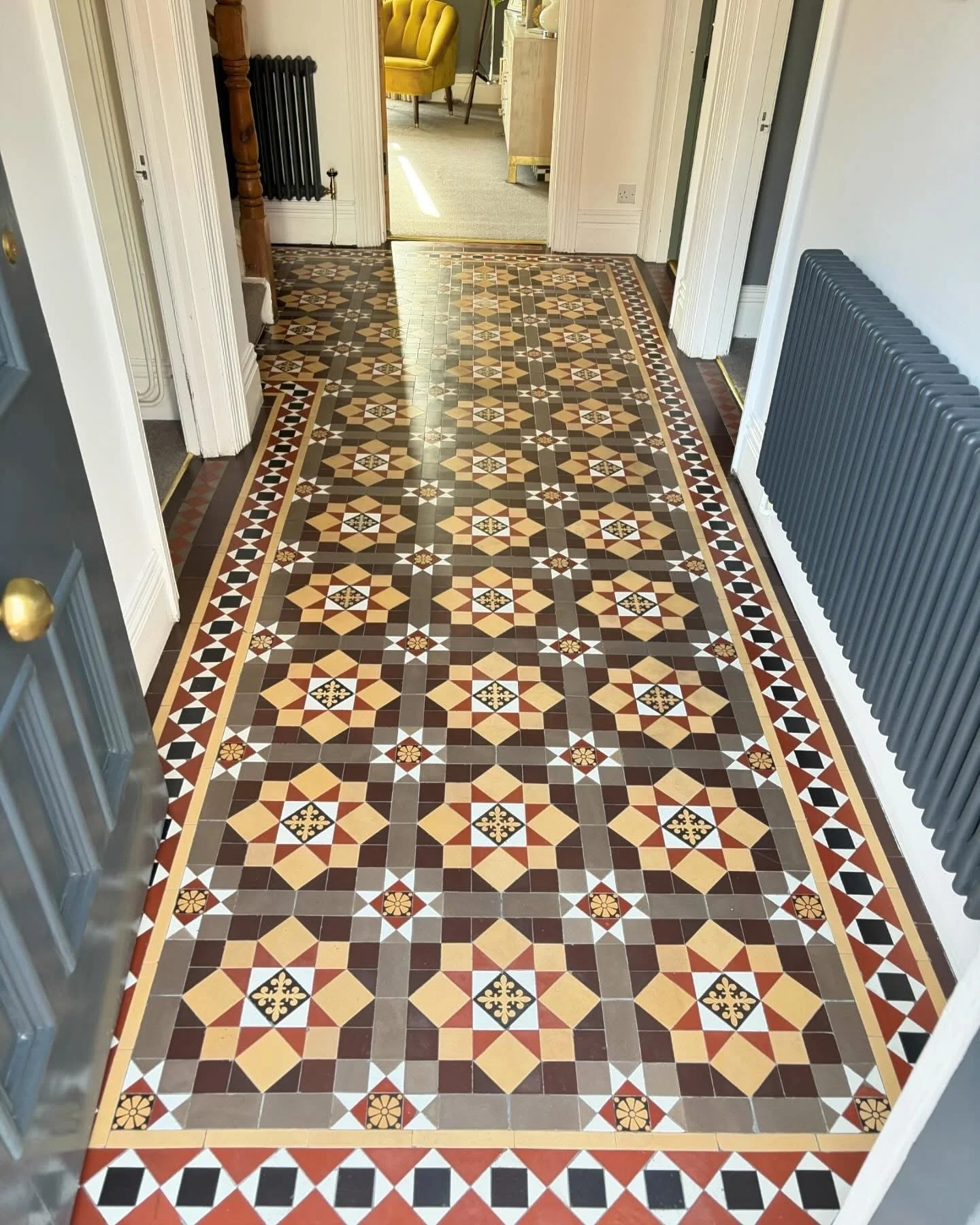 Decorative Victorian patterned tile floor, beautifully restored by the Bedford Victorian Restoration team.