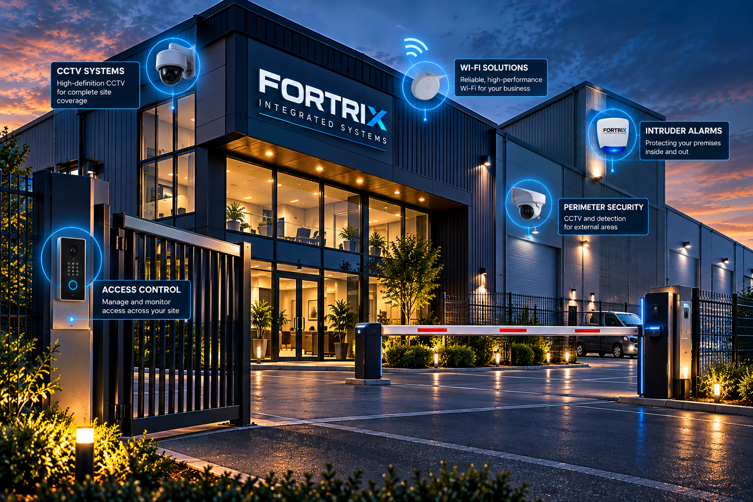 Modern security system setup outside a commercial building during sunset, including CCTV cameras, access control, perimeter security, intruder alarms, Wi-Fi solutions, and monitoring signs.