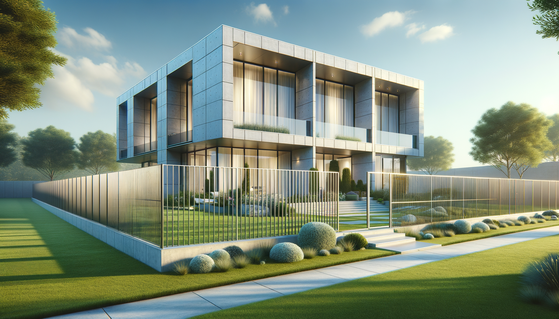 Modern multi-story house with large windows and a landscaped front yard, enclosed by a metal fence, during daytime with clear sky.
