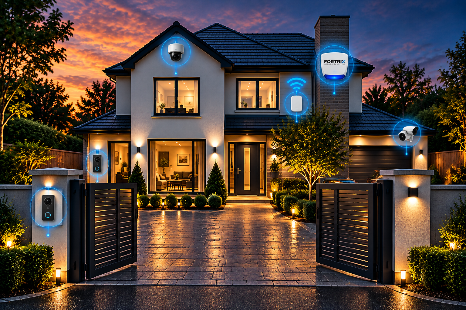 Smart home security devices with surveillance cameras, sensors, and cameras installed around a modern house at sunset