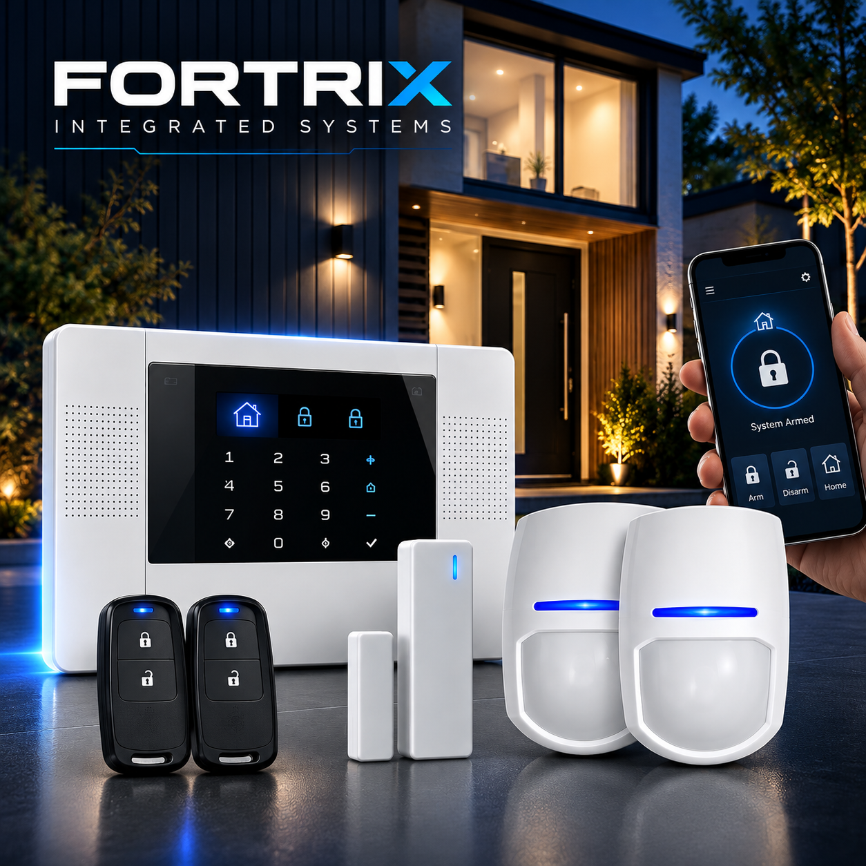 A home security system with a keypad, key fobs, sensors, and a smartphone app displayed in front of a modern house at dusk.