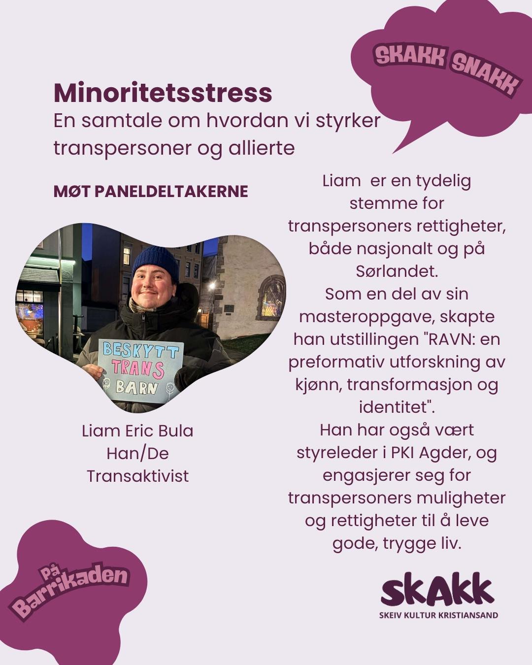 FRI Agder, Foreldre til transungdom i S&oslash;r og SKAKK-Skeiv kultur i Kristiansand, inviterer til panelsamtale om minoritetsstress.

I f&oslash;lge Store Norske Leksikon forklarer teorien om minoritetsstress den forh&oslash;yede sykdomsbyrden blan