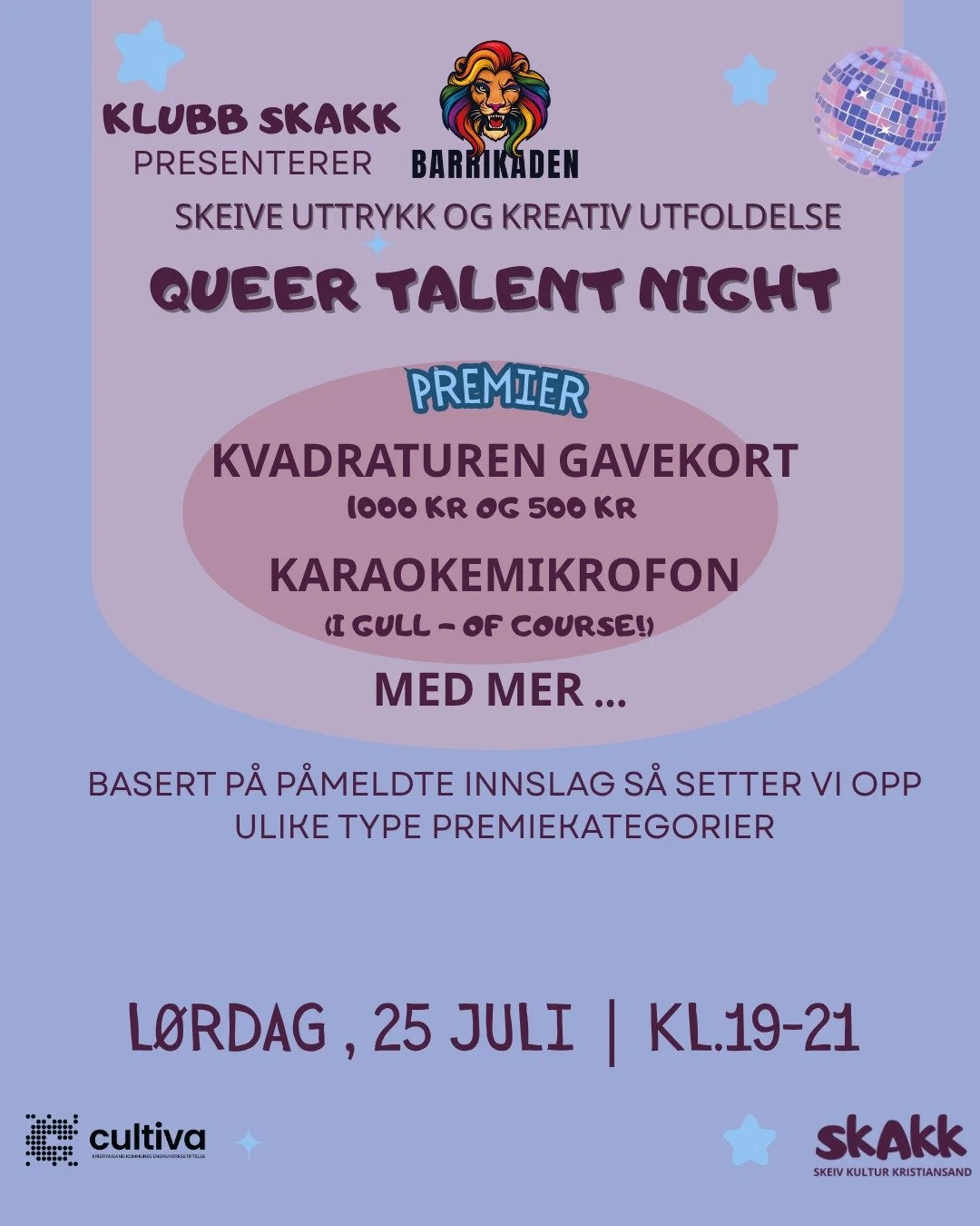 PRIZES PRIZES PRIZES! 

Det er klart vi har PREMIER til de som deltar p&aring; QUEER TALENT NIGHT!!! 

Vi har #KvadraturenGavekort - faktisk hele 2 stk - ett p&aring; 1000 kr og ett p&aring; 500. Og, vi kan jo ikke ha en talentkonkurranse uten KARAOK