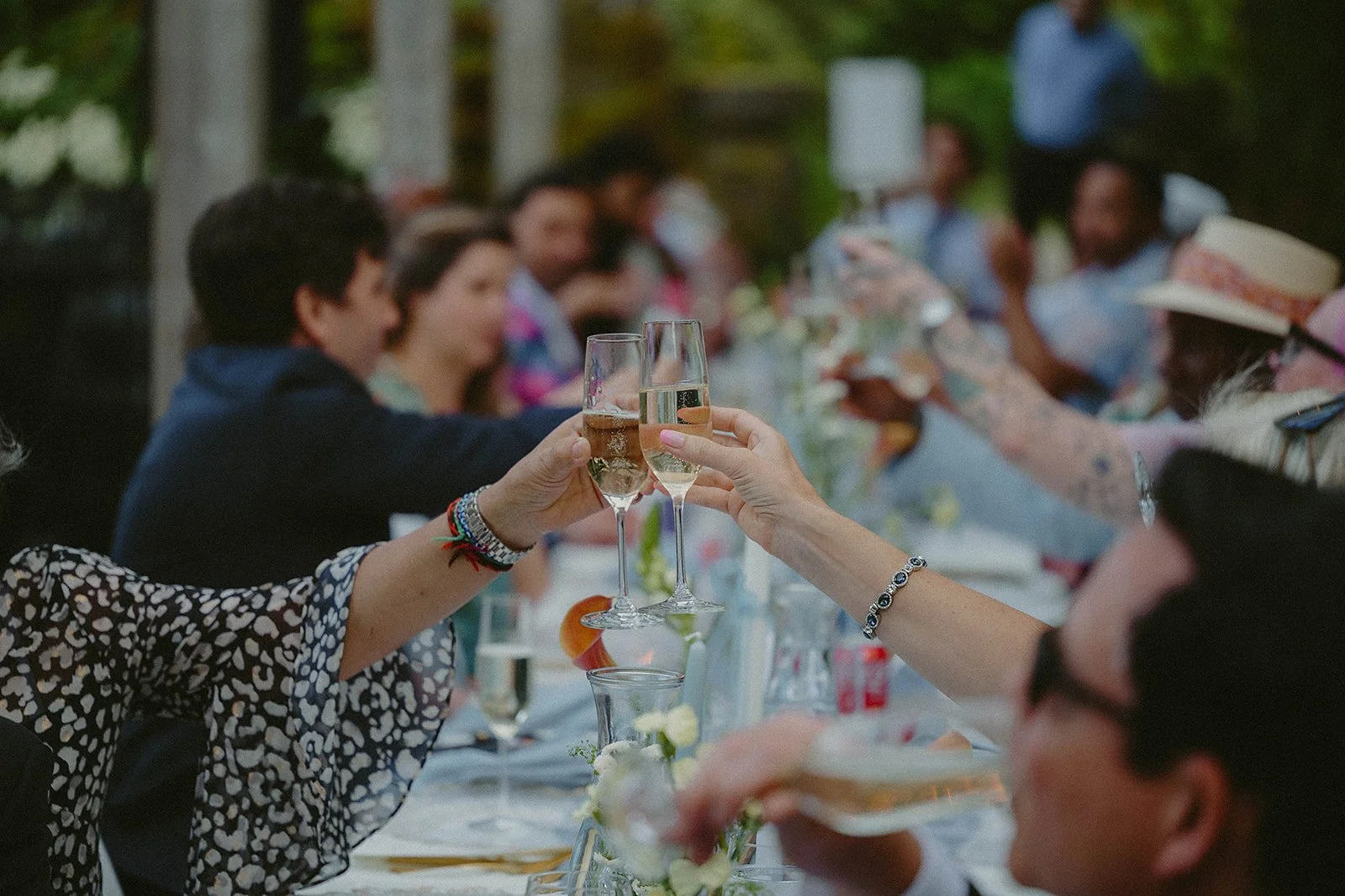 People sitting at a long outdoor dining table raising glasses in a toast during a gathering or celebration.