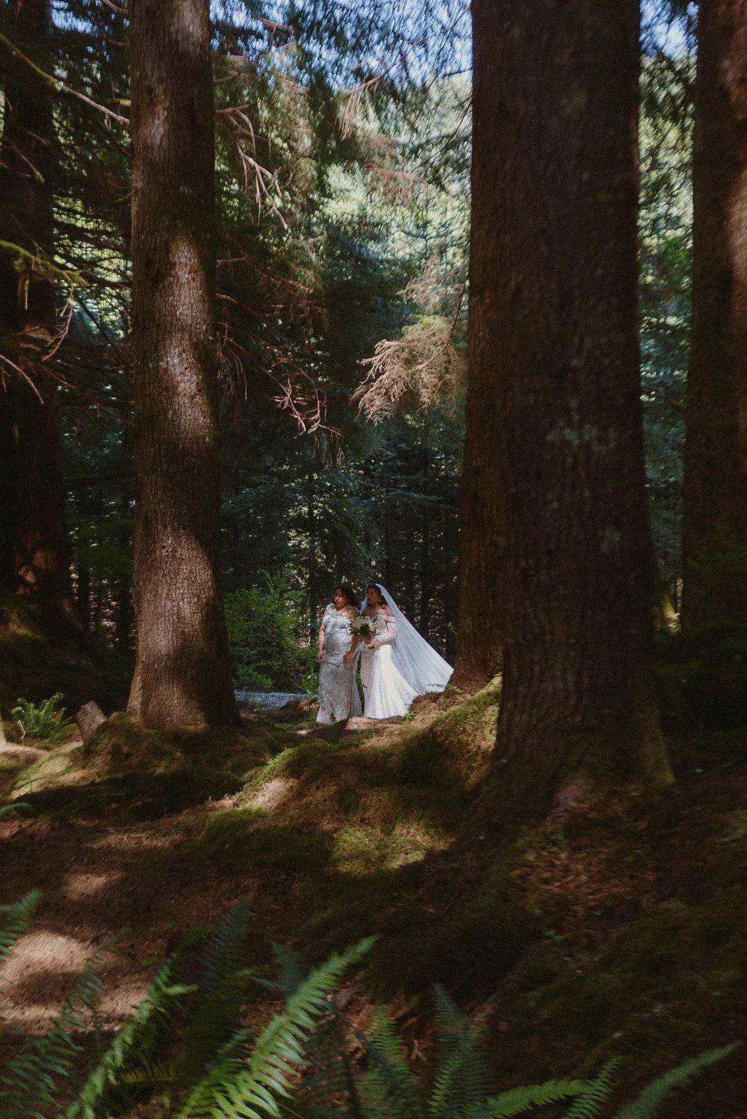 A bride in a white wedding gown and veil walking in a forest with another woman, surrounded by tall trees and lush greenery, holding a bouquet of flowers.