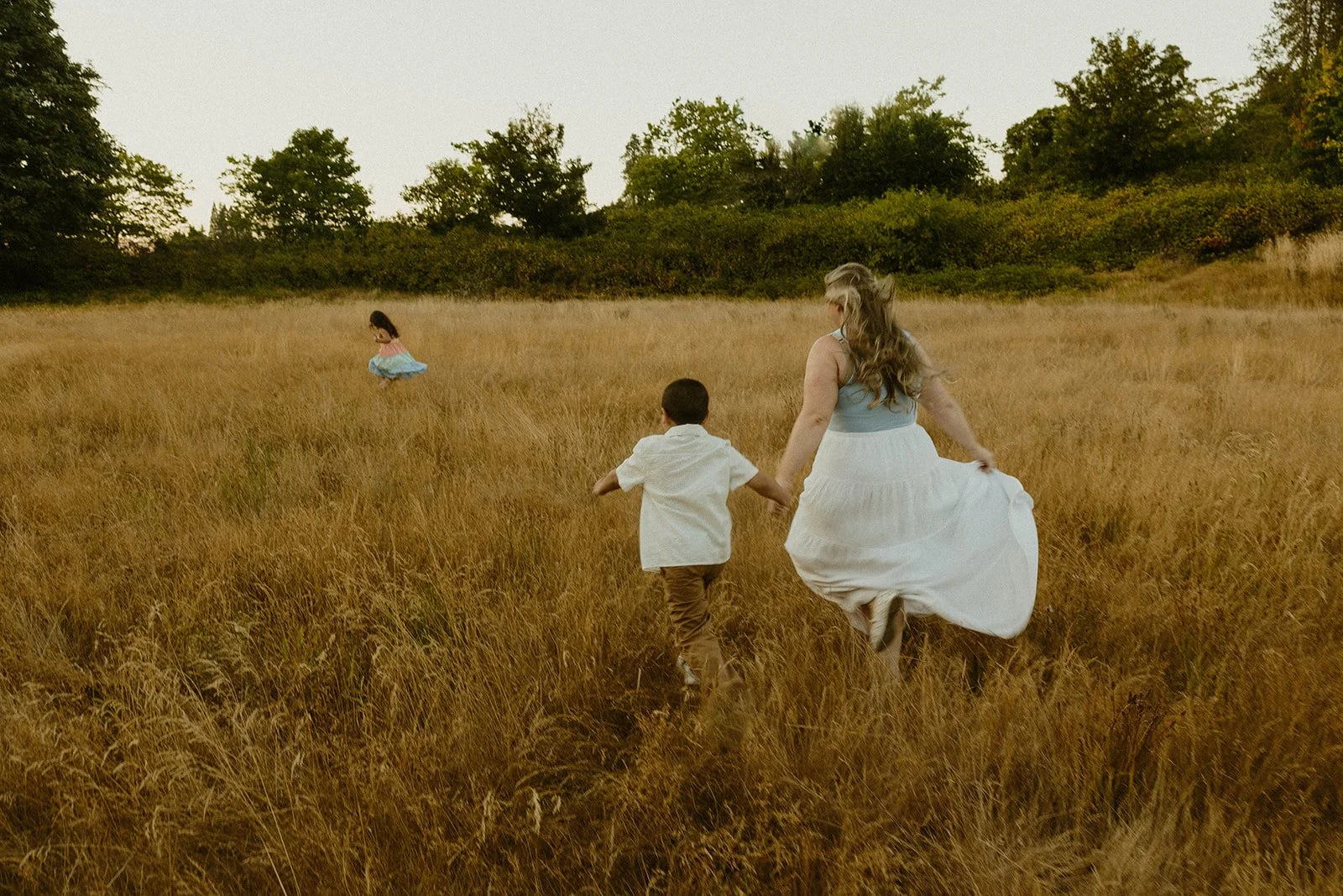 A woman and two children walking through a field of tall, golden grass, holding hands, with trees in the background.