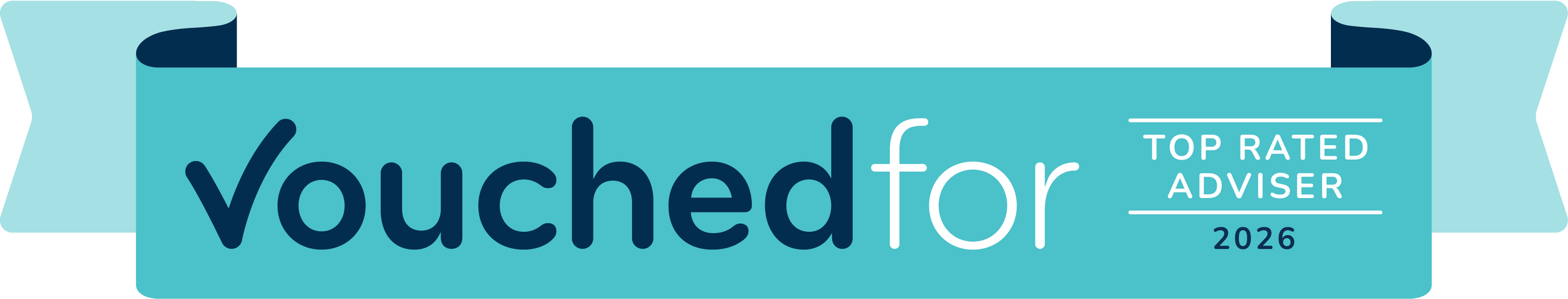 A blue ribbon badge with text indicating it is a 'VouchedFor Top Rated Adviser 2026'.