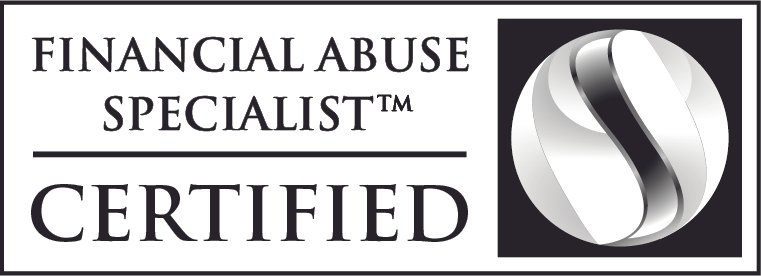 Certificate with the text 'Financial Abuse Specialist™ Certified' and an abstract logo.