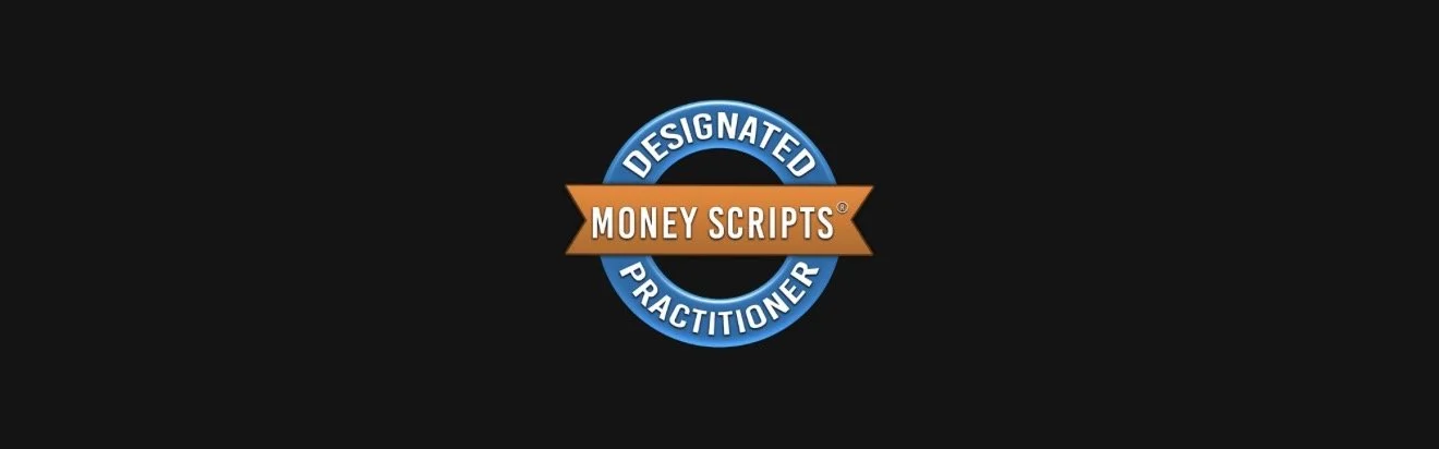 Logo for Money Scripts Practitioner, designed with a circular blue badge and an orange banner in the center.