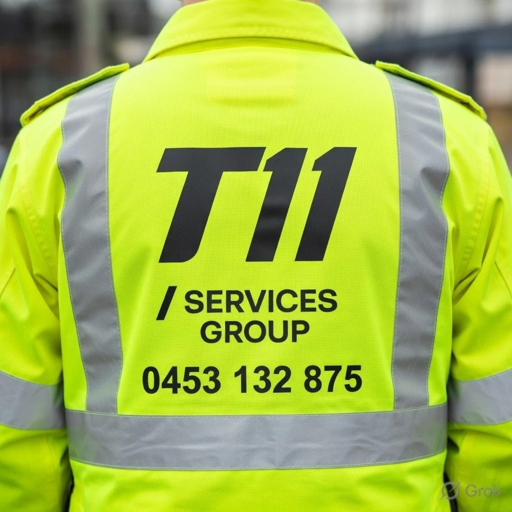Back of a person wearing a high-visibility yellow jacket with gray reflective stripes, displaying the text 'T11 SERVICES GROUP' and a phone number.