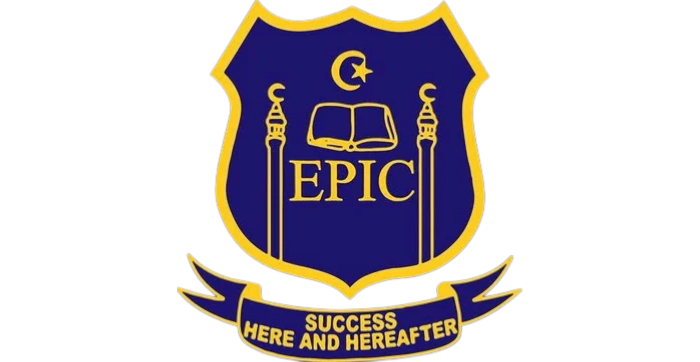 A school emblem with a blue shield, featuring a crescent moon and star, an open book, and two torches. The word EPIC is in the center, with a banner below reading "Success Here and Hereafter."
