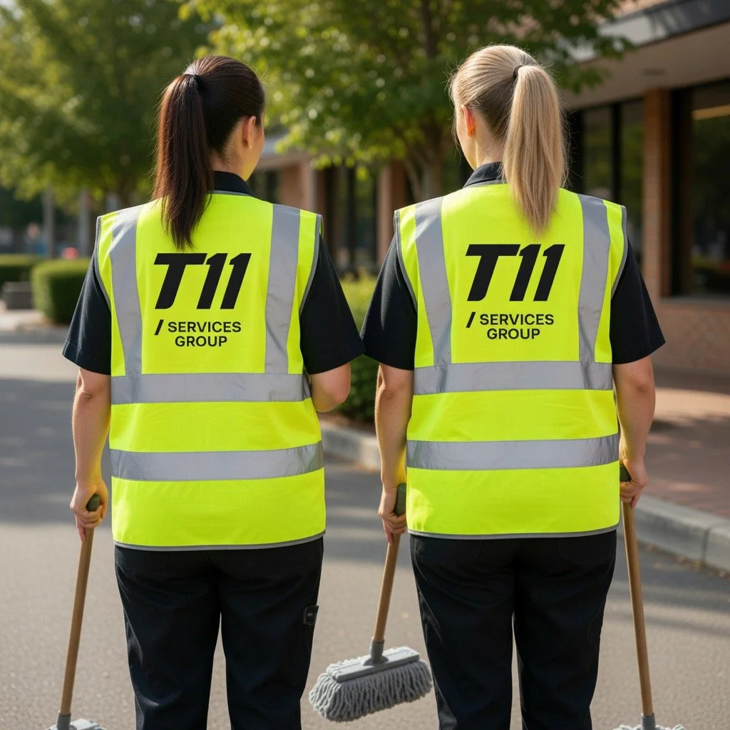 Two female street cleaners wearing yellow high-visibility vests with 'T11 SERVICES GROUP' printed on the back, holding brooms, walking on a street lined with trees and buildings.