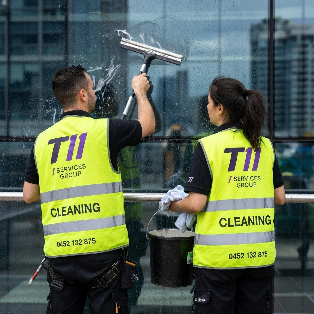 T11 Services Group specialized commercial cleaning team in high-vis vests providing professional facility hygiene and industrial maintenance services.