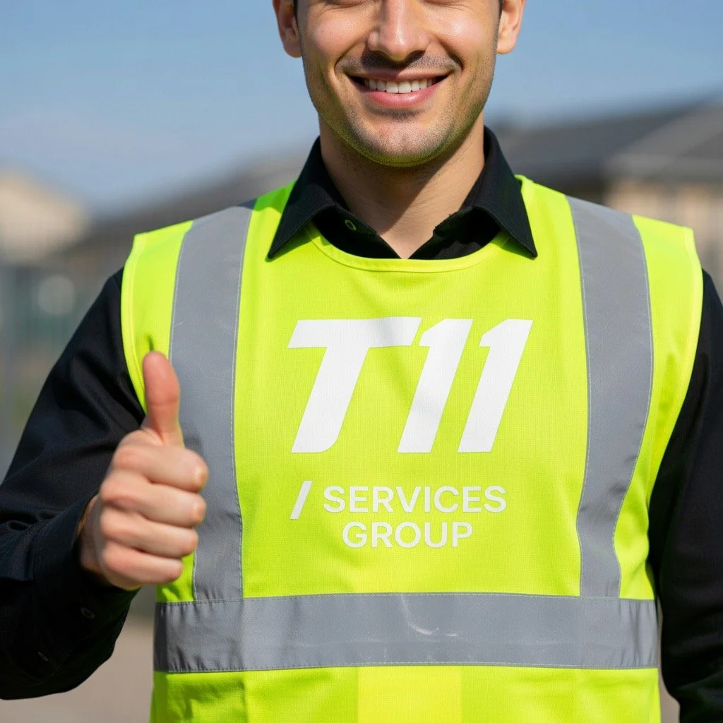A smiling man in a black shirt and yellow safety vest giving a thumbs-up.