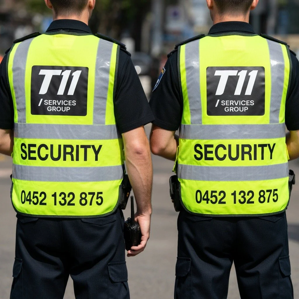 T11 Services Group professional security guard in high-visibility uniform providing asset protection and facility security services in Australia.