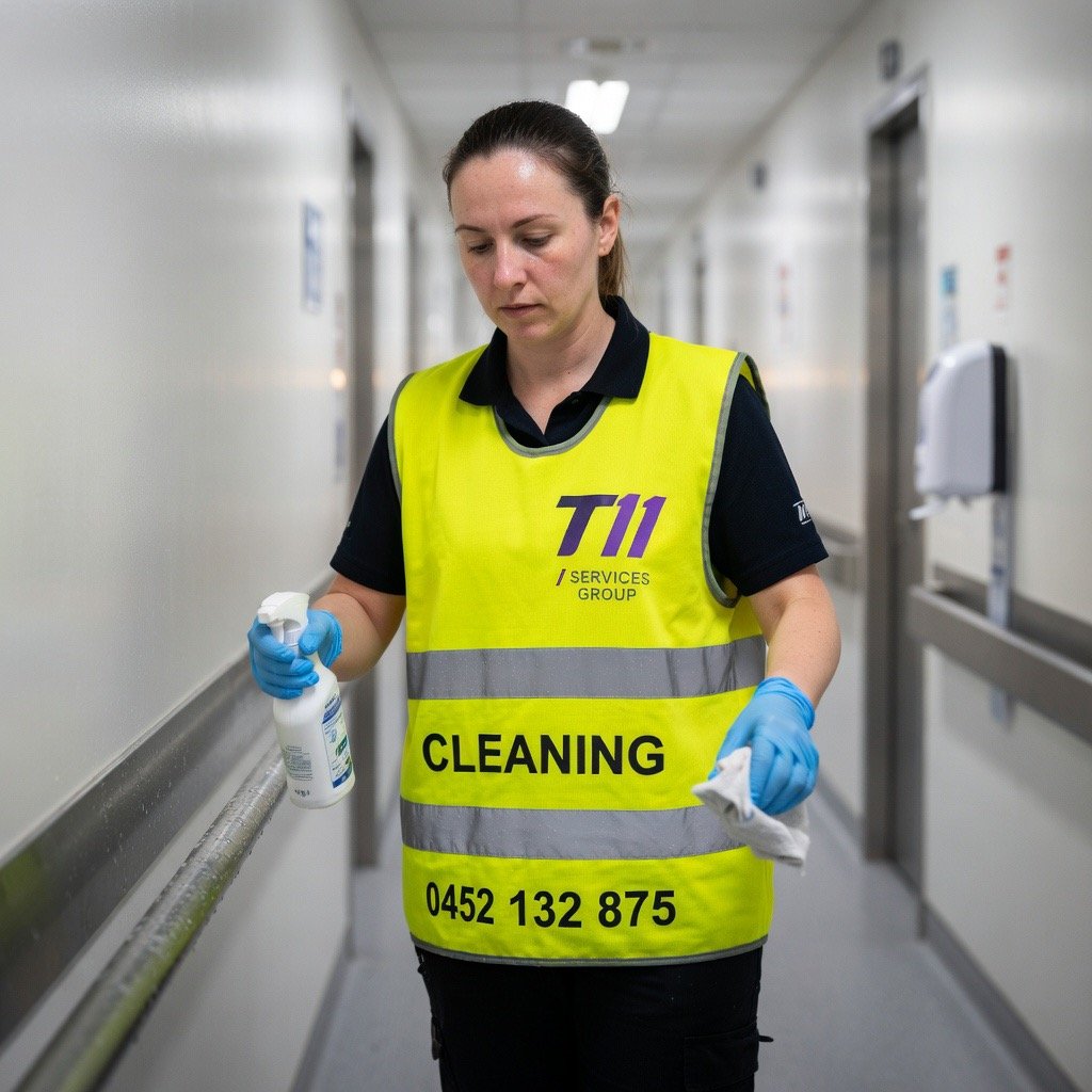 A woman in a yellow safety vest labeled 'CLEANING' and a black shirt is holding a spray bottle and a cloth, cleaning in a hallway.