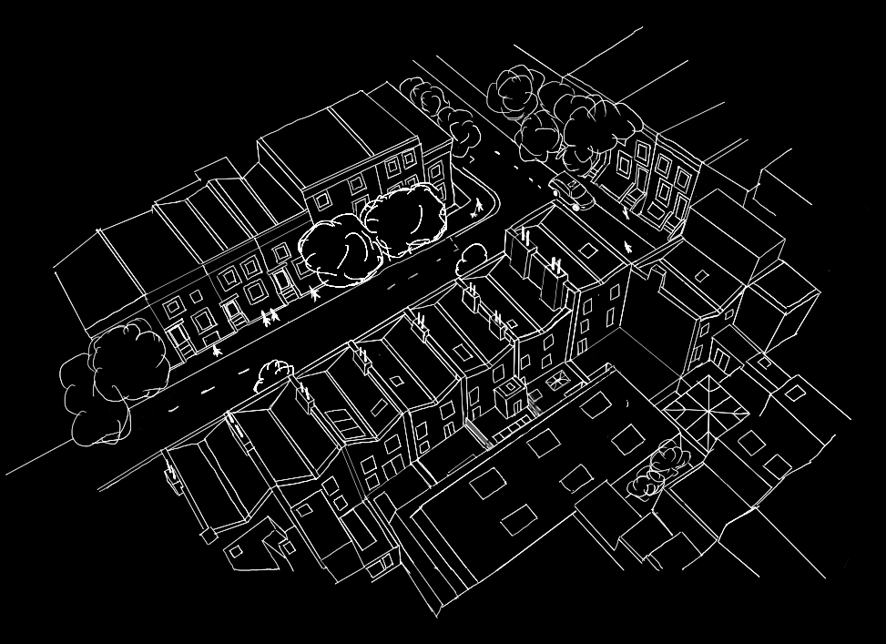 Isometric line drawing of a residential neighborhood showing houses, trees, a street with cars, and a fenced area on a black background.
