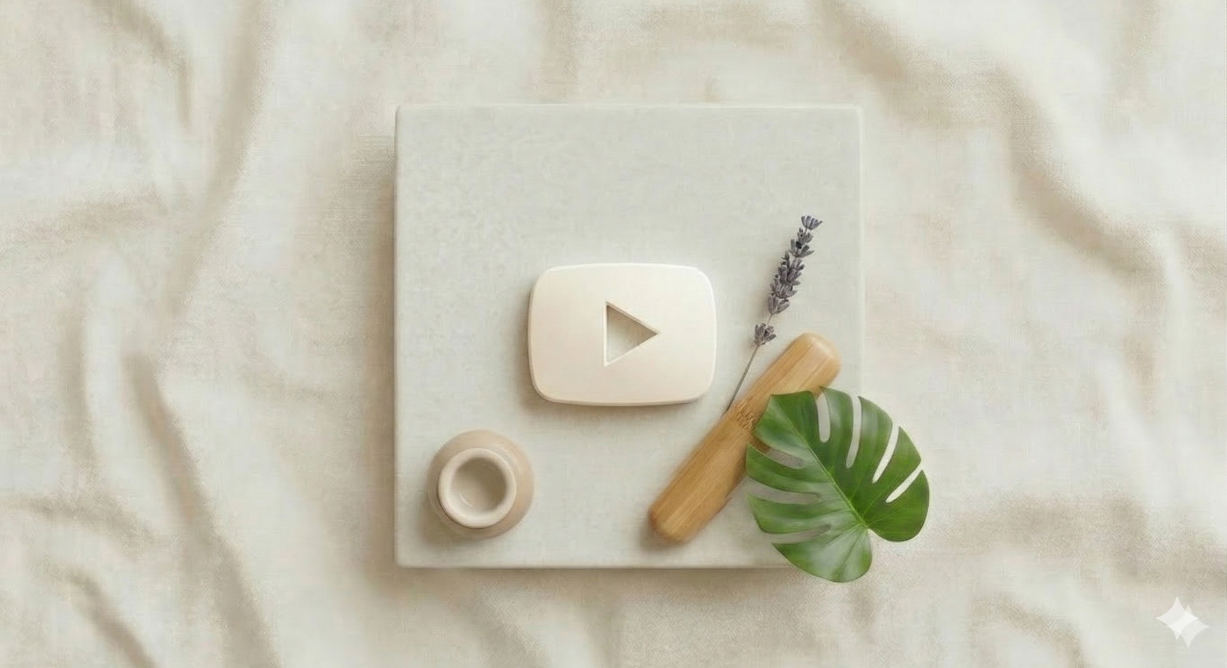 Artefactos minimalistas sobre una superficie blanca, incluyendo una figura de YouTube en color blanco, una pequeña rama de lavanda, un rodillo de madera, una hoja grande y un tubo pequeño, con tela beige como fondo.