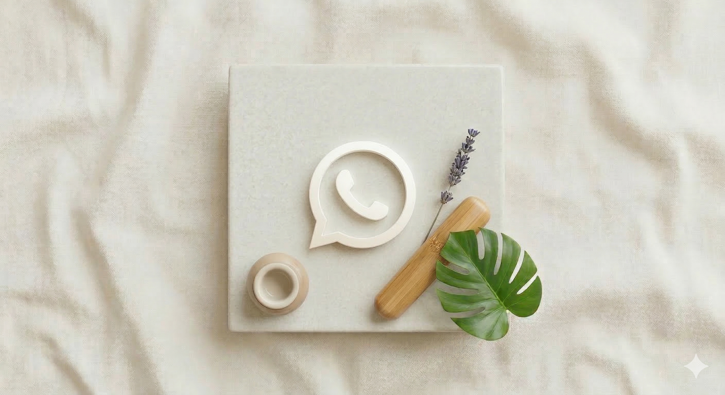 Plano con elementos decorativos blancos, una rama de lavanda, una hoja de monstera, un rodillo de madera, y utensilios de cerámica, sobre tela clara.