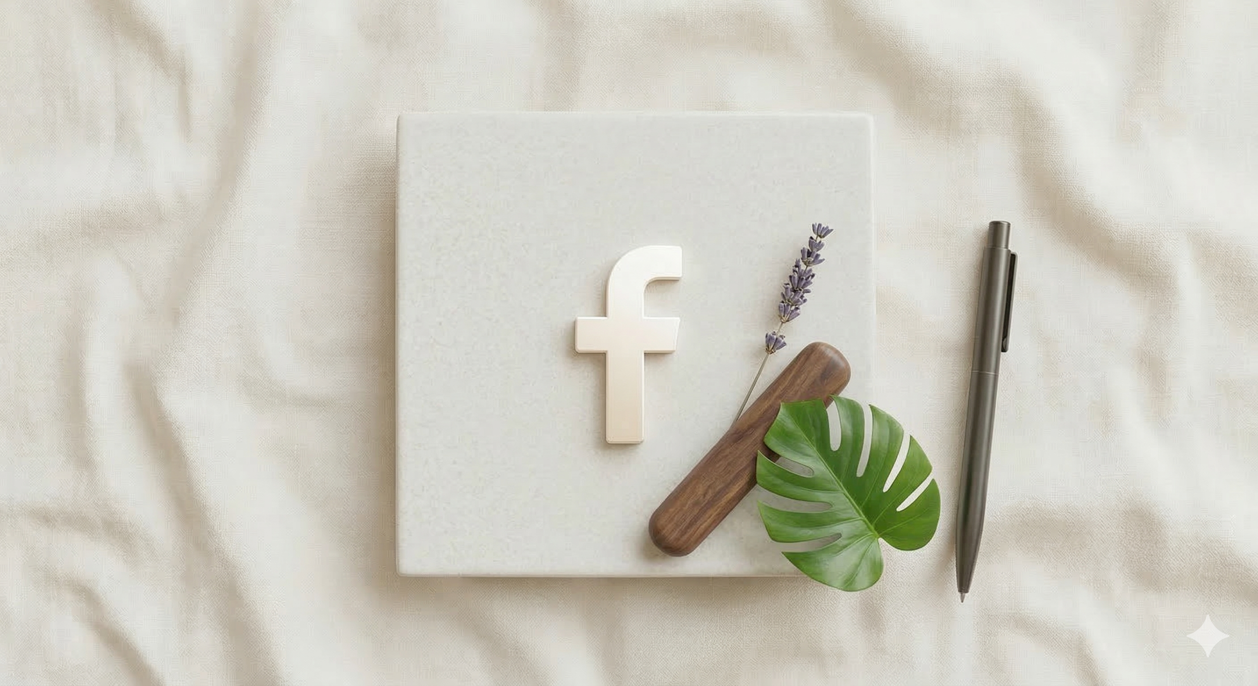 Varios objetos de oficina y decoración sobre una tela blanca: un cuaderno, un bolígrafo, una hoja de papel, romero, una hoja de monstera, un rectángulo de madera y el logotipo de Facebook.