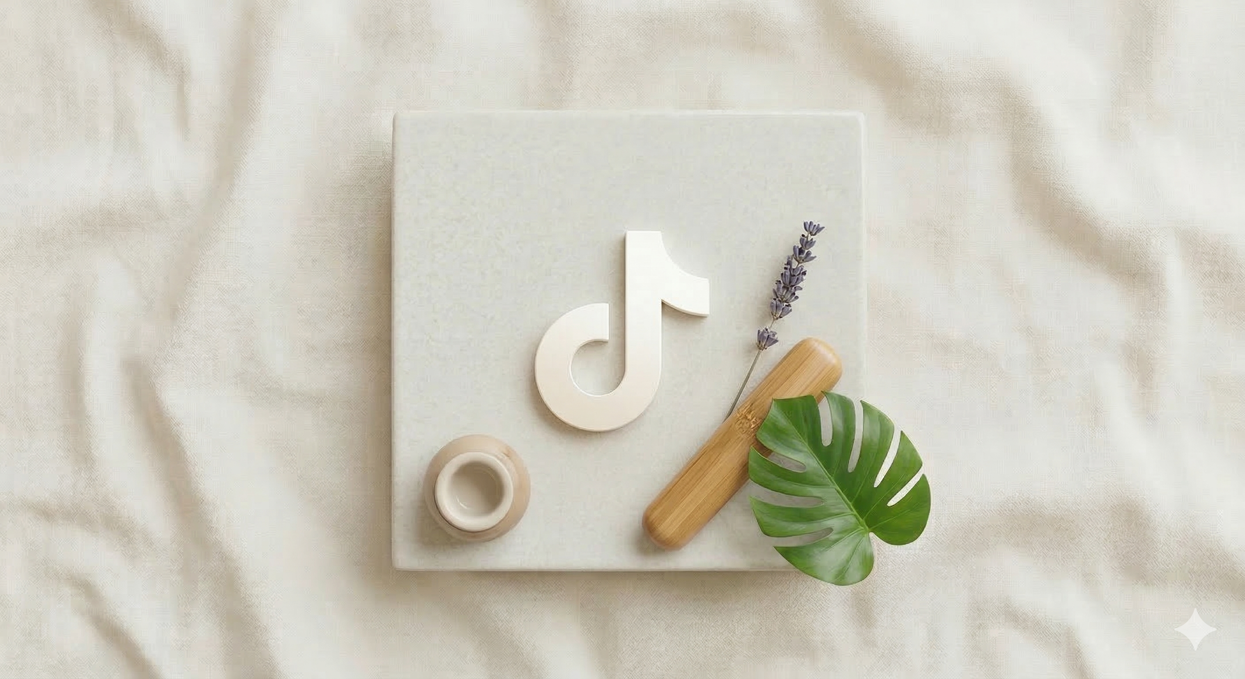 Diseño minimalista con una letra 'J' en color blanco, rodeada de una rama de lavanda, una hoja de monstera, una piedra de masaje, un rodillo de madera y un recipiente, todo sobre una superficie de tela clara.