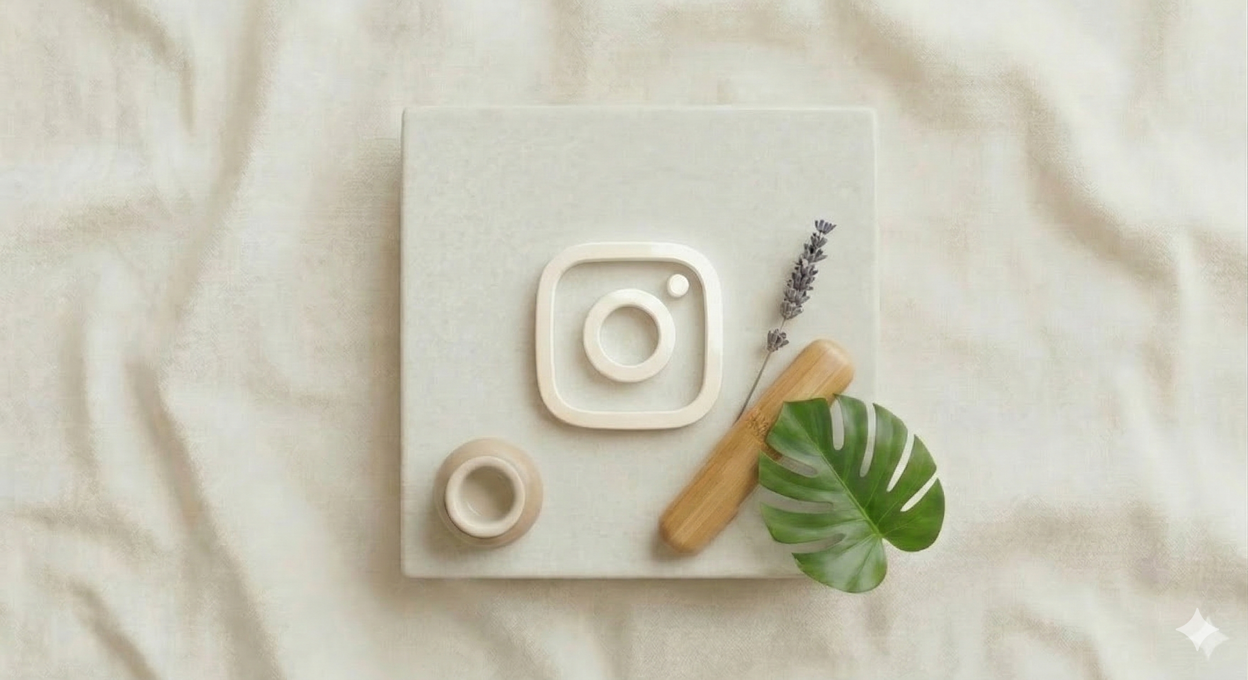Conjunto de objetos decorativos sobre tela de color claro, incluyendo una cámara de fotos de diseño minimalista, una rama de lavanda, un rodillo de madera, una hoja grande de planta y otros accesorios pequeños decorativos.